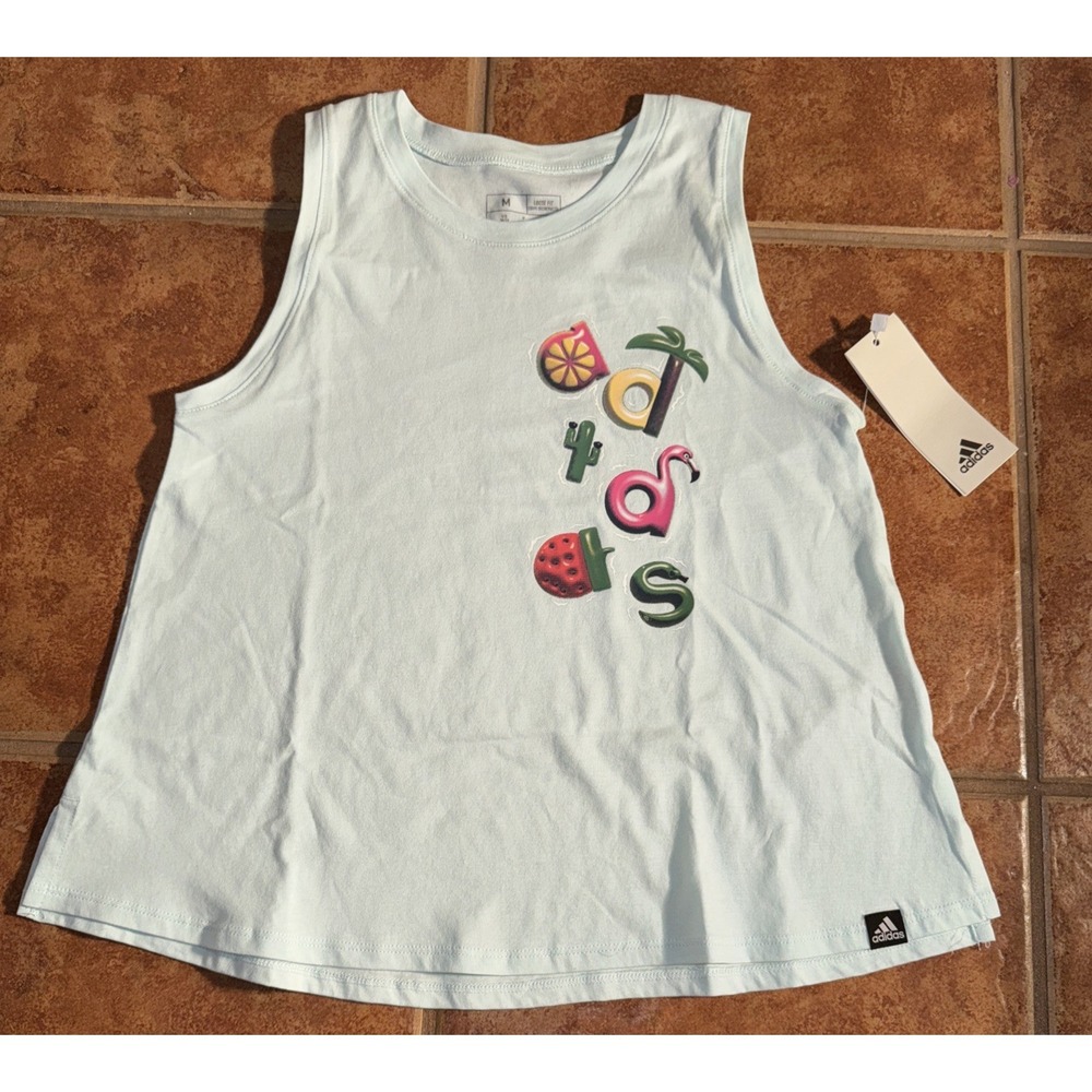 Adidas Tank Top Girls M 10/12 Halo Mint Summer Graphic Loose Fit AA3179 Cotton
